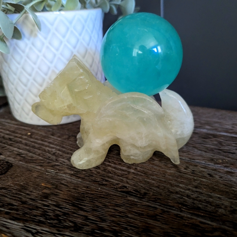 Cute citrine flying dragon with green florite sphere